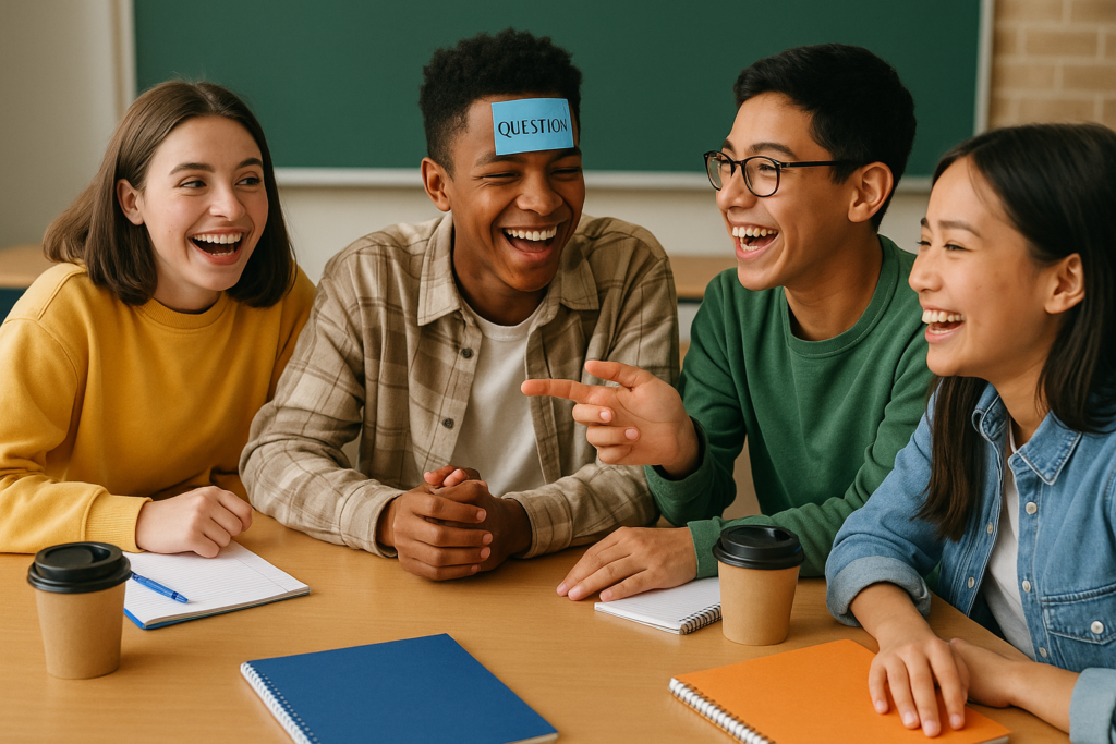 Group of cheerful students laughing and discussing fun yes or no questions together in a classroom setting.