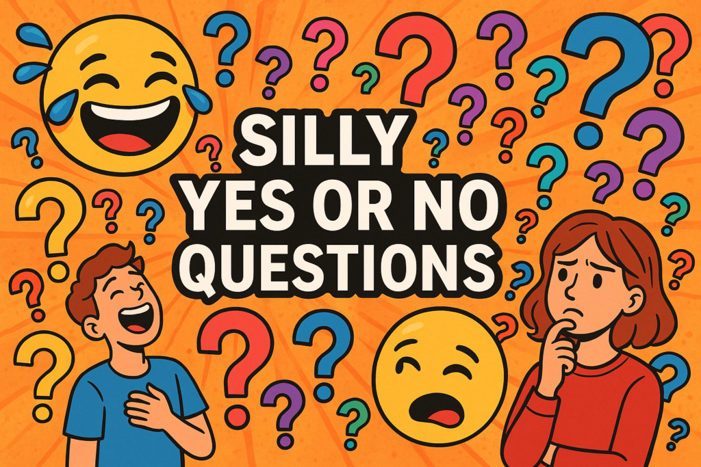 Playful illustration of question marks and laughing emoji faces representing funny yes or no questions.