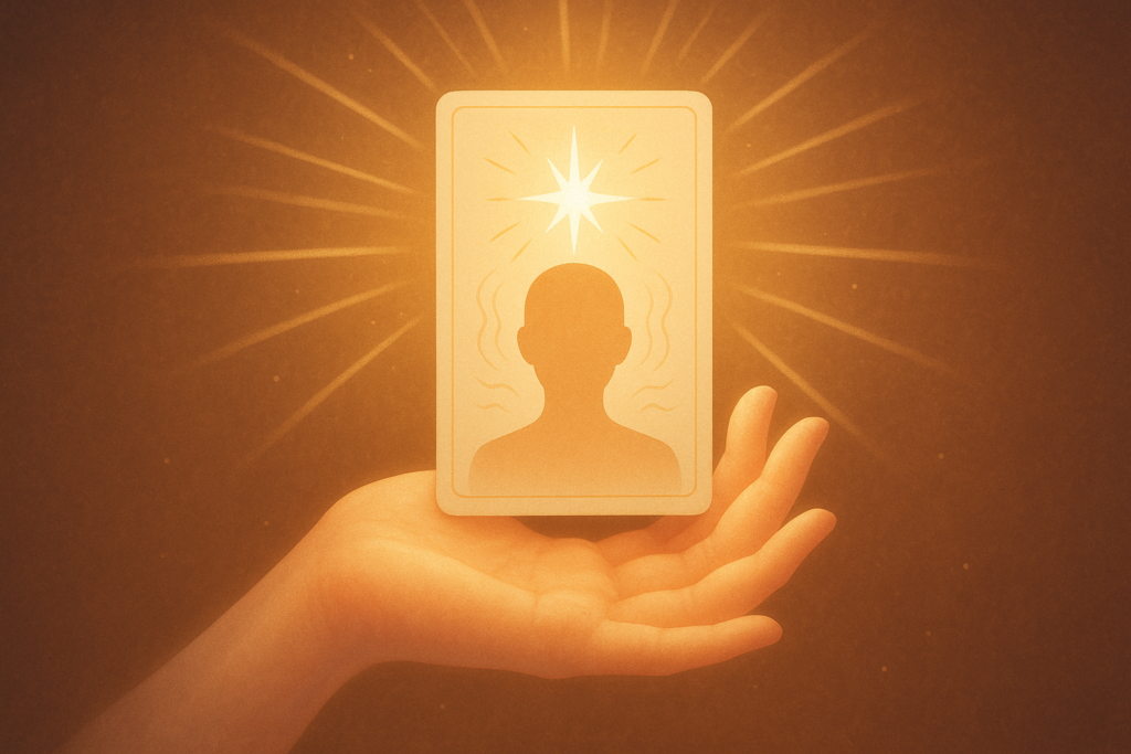 Hand holding oracle card glowing with light symbolizing intuition and divine energy.