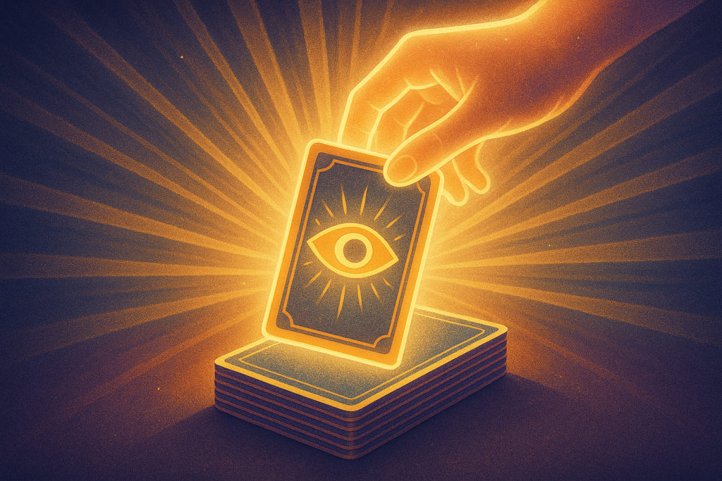 glowing hand pulling one oracle card from a deck with light rays — representing intuition and clarity.