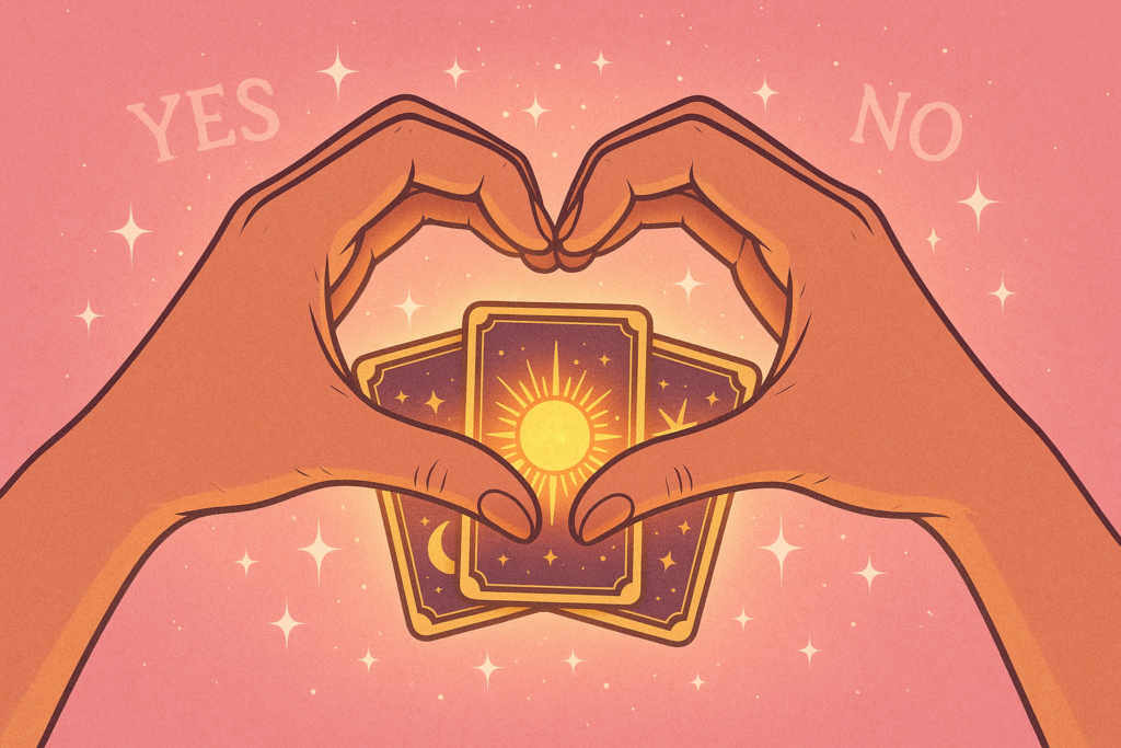 Romantic hands forming a heart over tarot cards representing love yes or no questions.