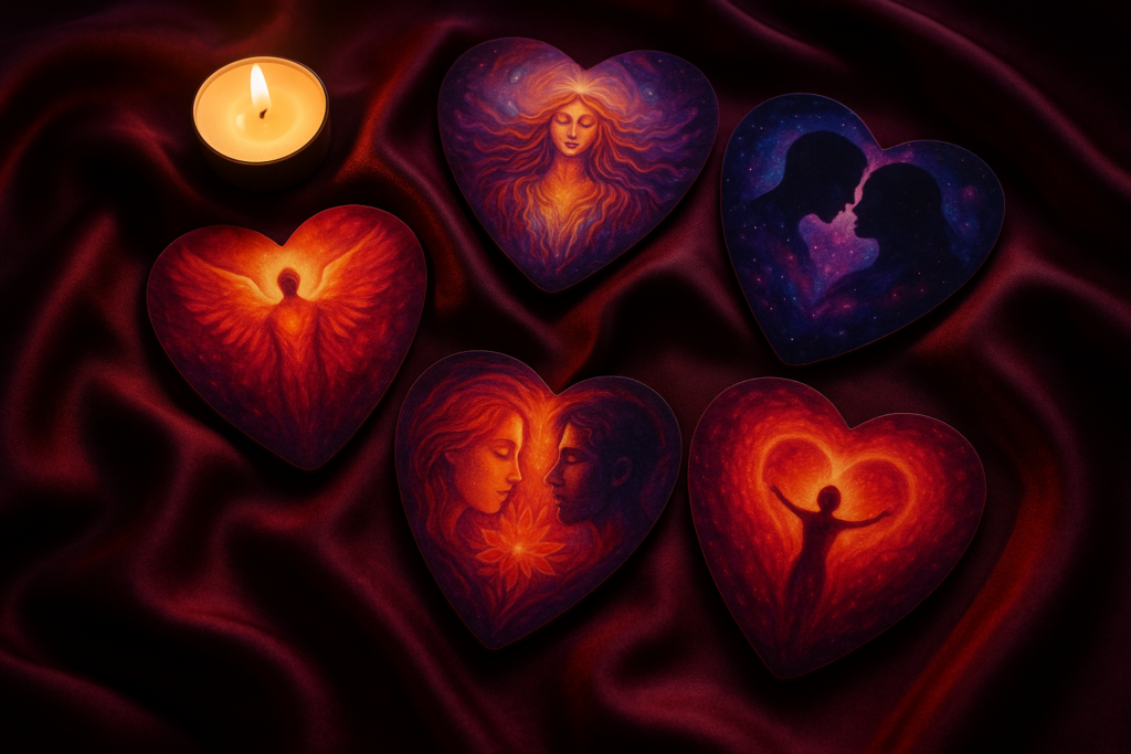 Heart-shaped Lovers Oracle deck with vibrant artwork symbolizing love and emotional healing.