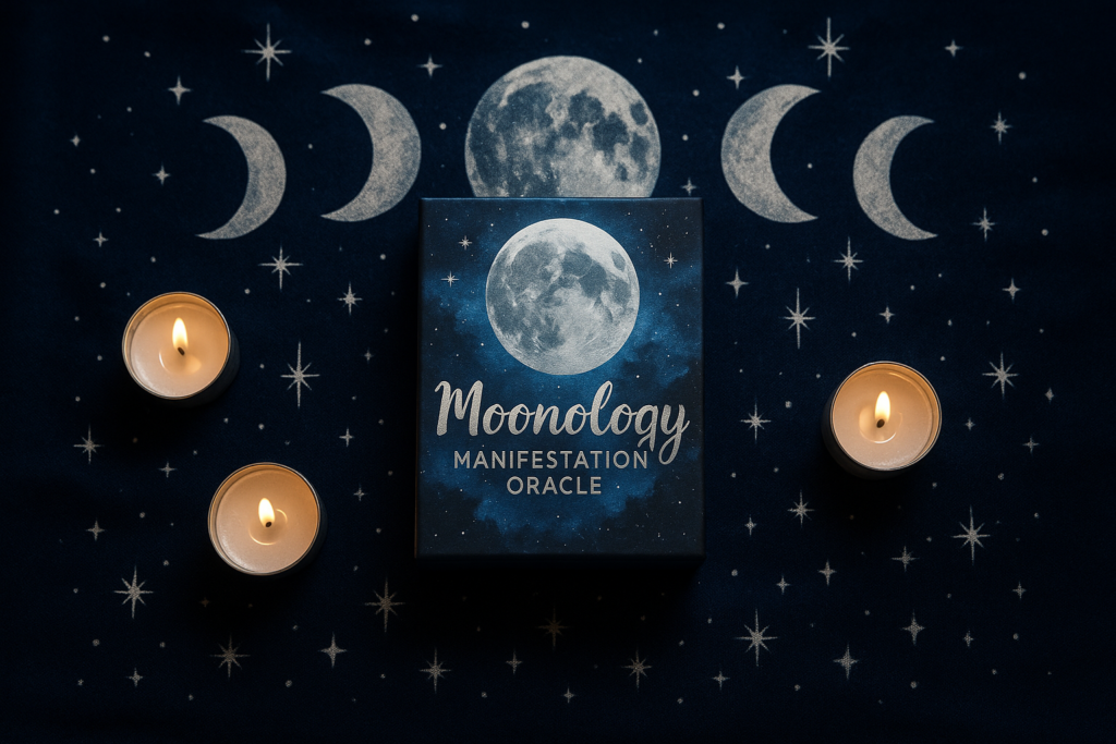 Moonology Manifestation Oracle deck with celestial art inspired by moon cycles.