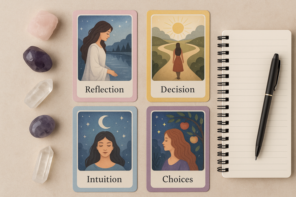 Oracle cards, crystals, and journal arranged on a wooden table for yes or no reading.