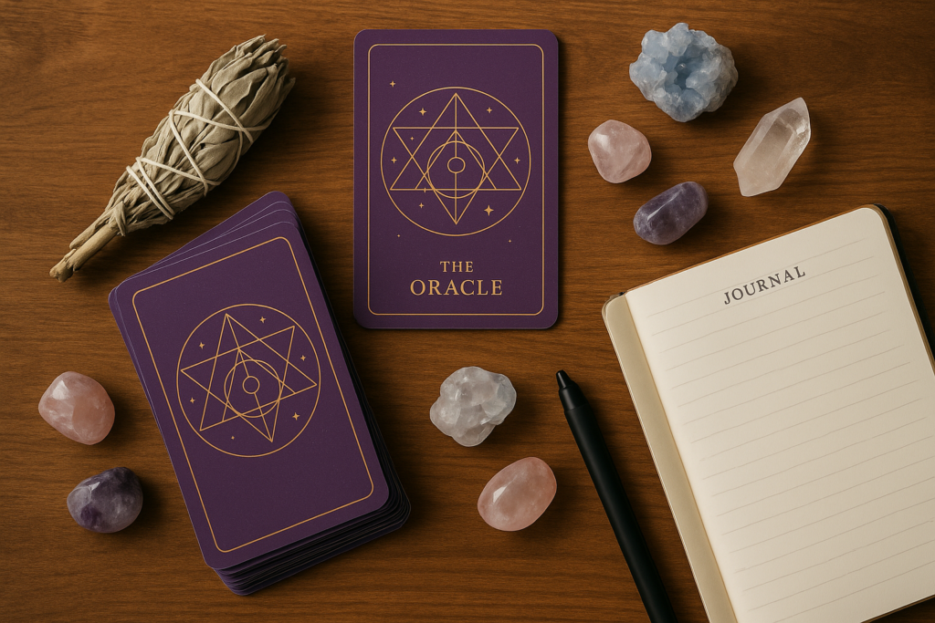 Oracle reading setup with crystals and notebook representing modern spiritual practice.