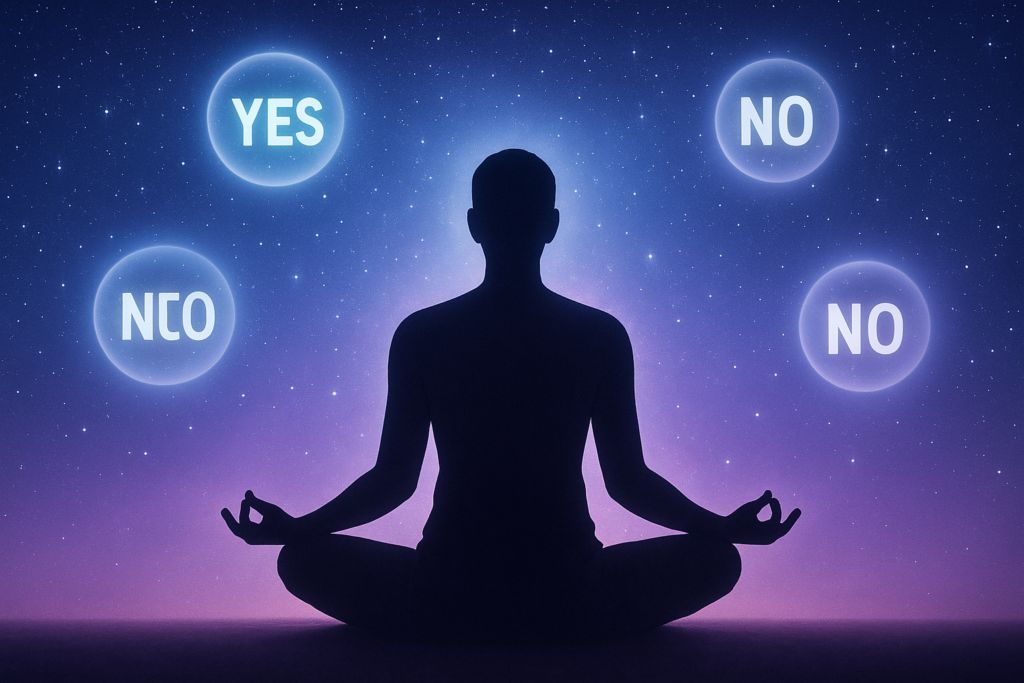 Meditating person surrounded by floating yes and no symbols for self-growth reflection.