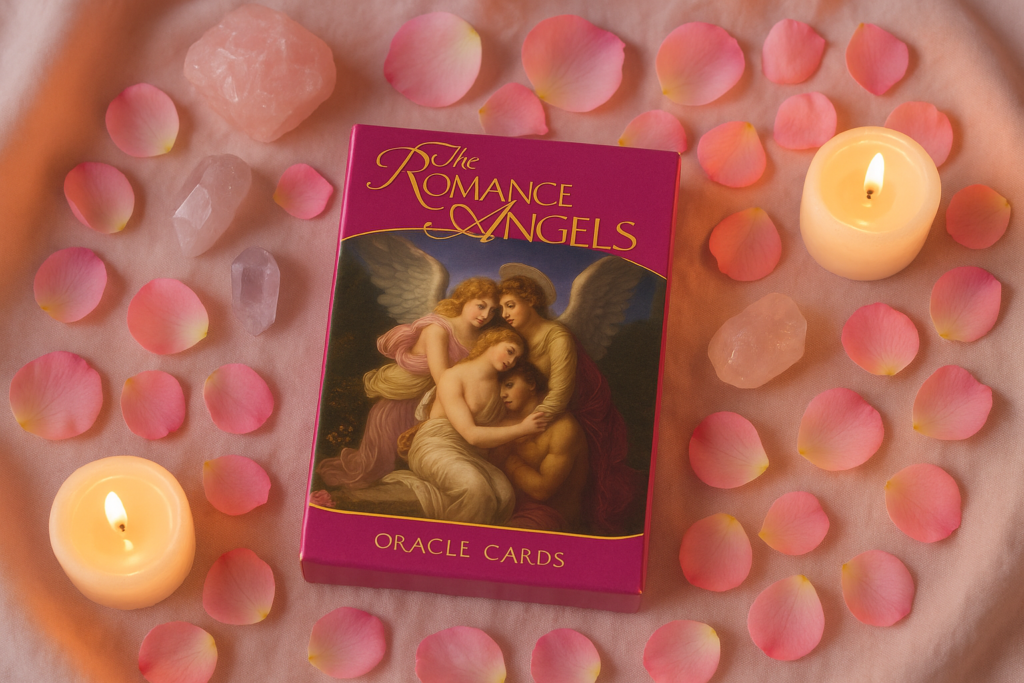 Romance Angels Oracle Cards deck spread out on a table with rose petals and crystals.