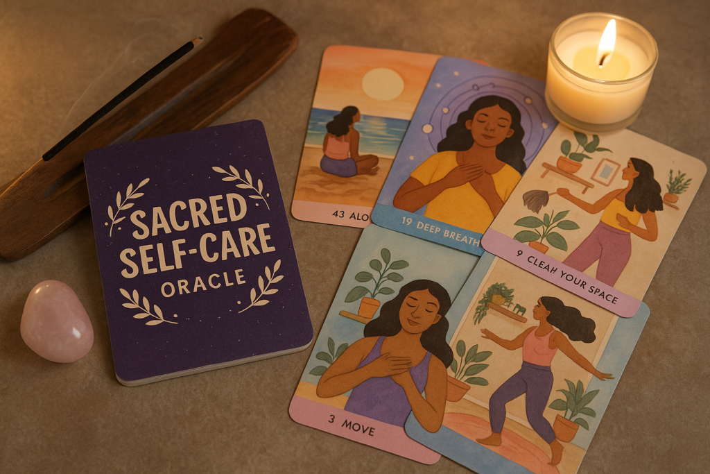 Sacred Self-Care Oracle cards laid out with crystals and incense for a nurturing ritual vibe.