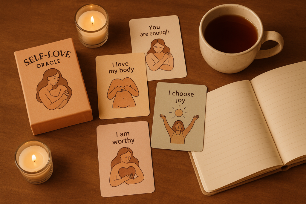 Self-Love Oracle deck displayed beside candles and a journal, promoting mindfulness and self-care.