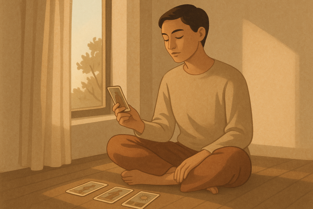 A person sitting near a window doing a peaceful tarot reading, reflecting quietly and connecting with their intuition.