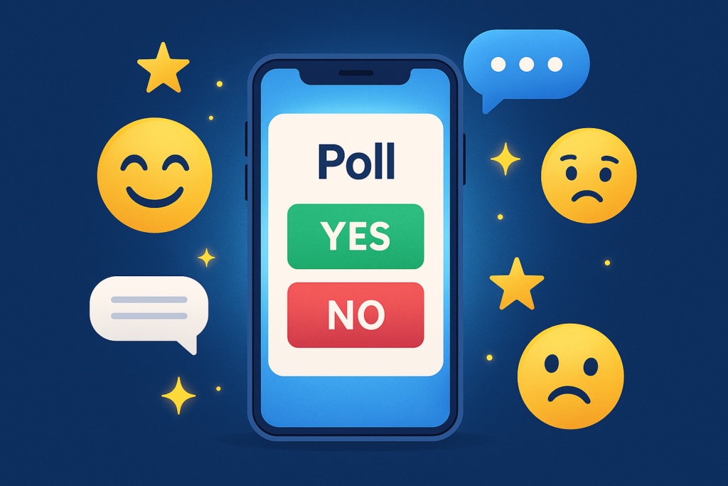 Phone screen with yes or no poll for social media edition questions.