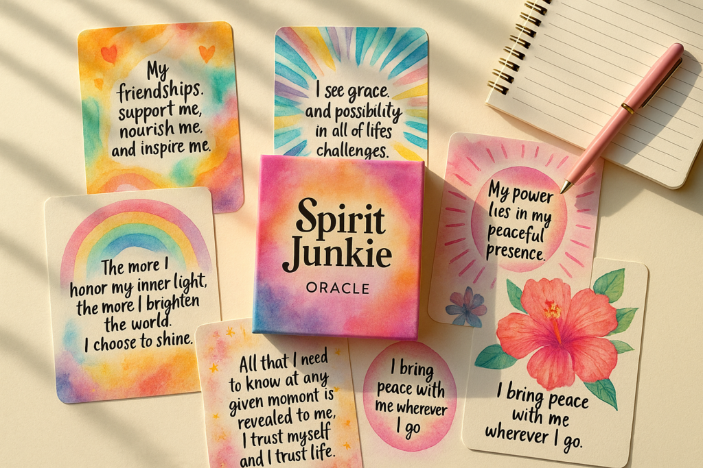 Spirit Junkie Oracle cards with colorful affirmations for mindfulness and positivity.
