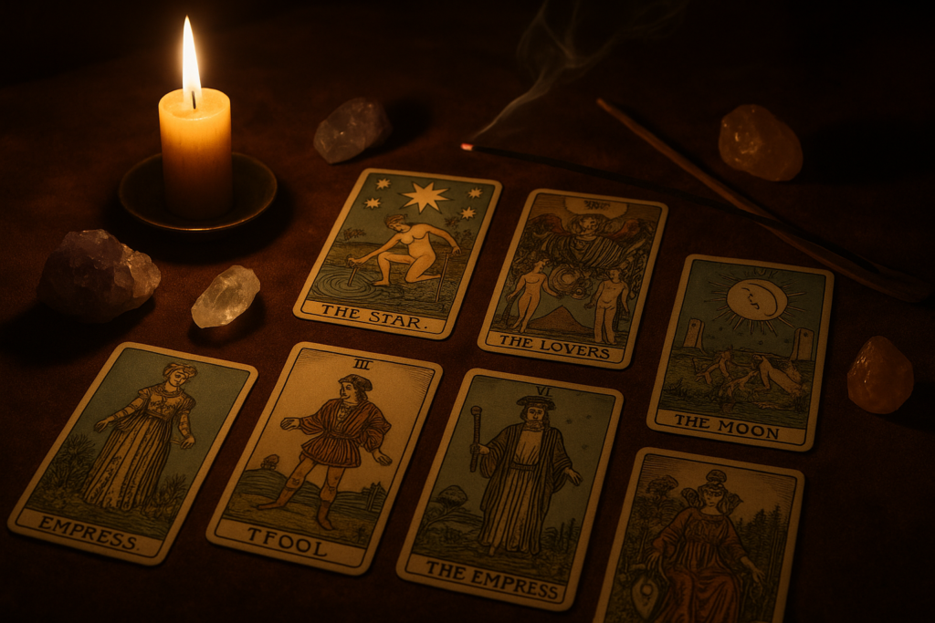 Tarot cards arranged under warm candlelight with crystals and incense, creating a calm and spiritual atmosphere for nightly readings.