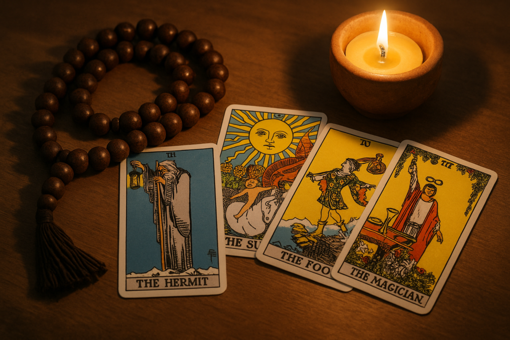 Tarot cards placed next to meditation beads and candlelight, creating a soothing spiritual atmosphere.