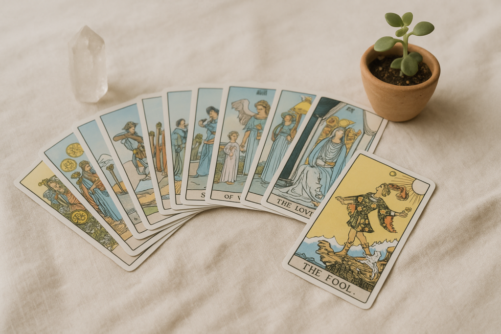 A beginner-friendly tarot deck fanned out on a soft cloth with gentle lighting, perfect for new tarot readers starting their journey.