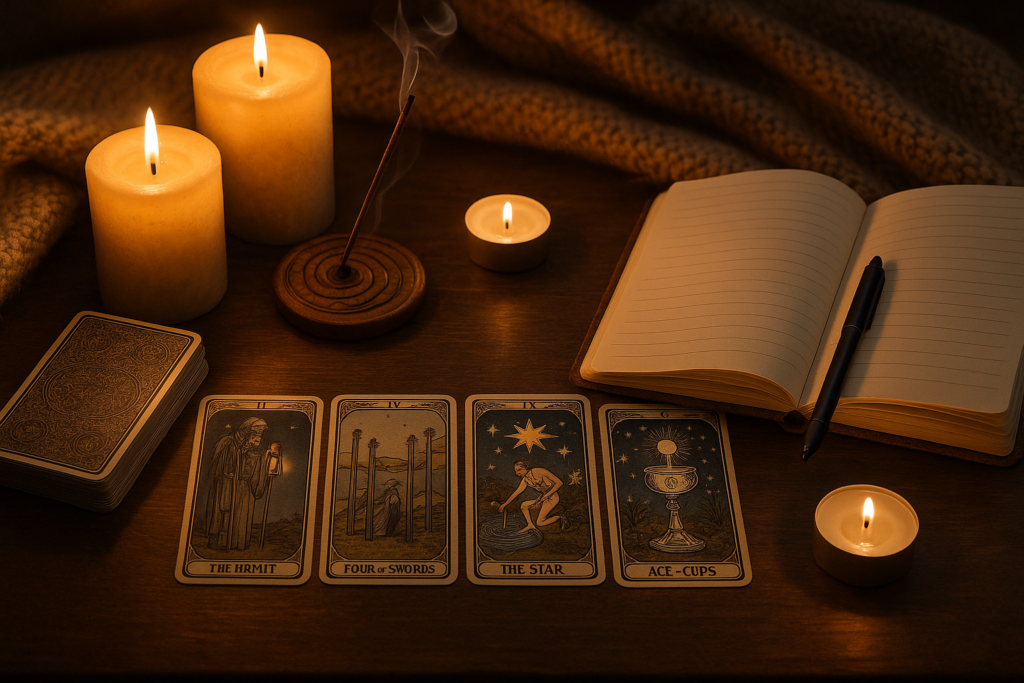 A cozy tarot setup with candles, crystals, and a journal for mindful meditation.