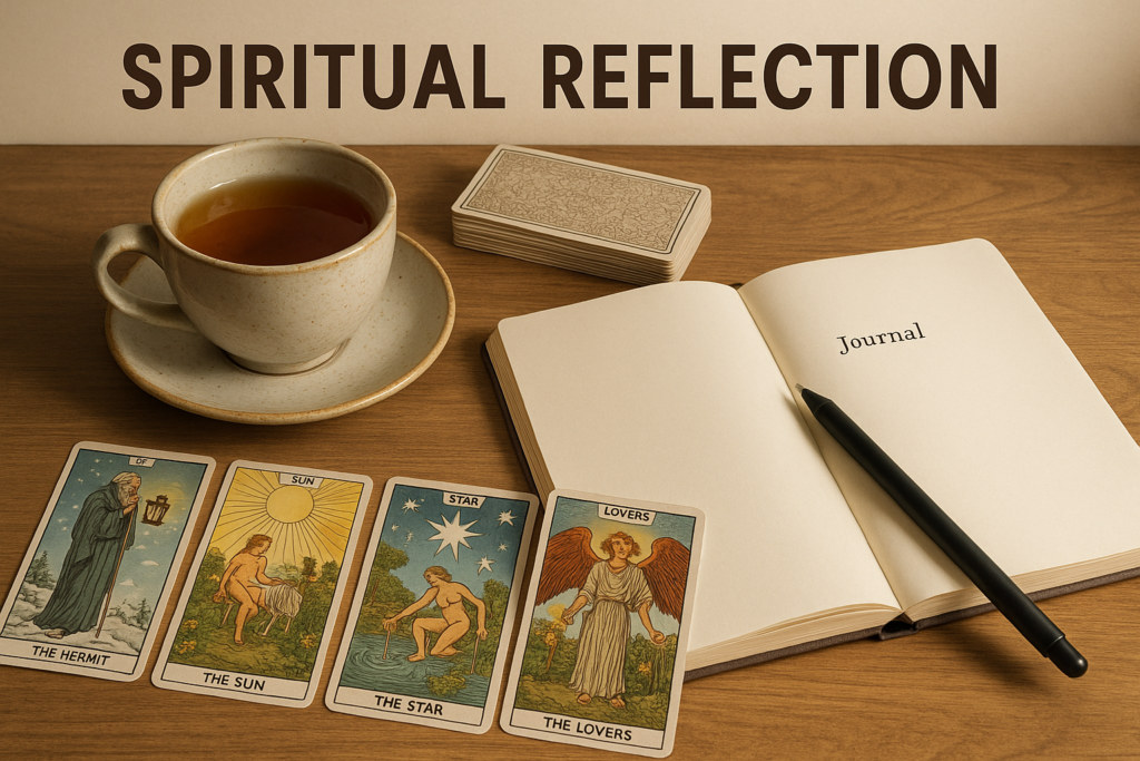 Calm workspace with tarot cards, tea, and journal symbolizing spiritual reflection through tarot websites.