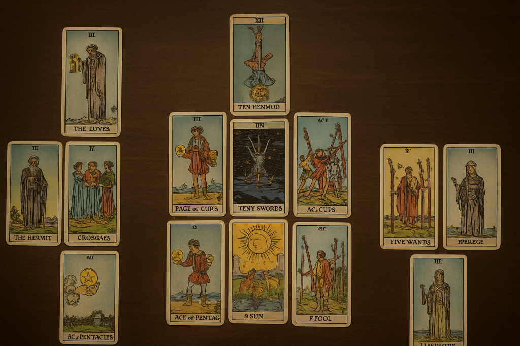 Various tarot card layouts displayed on a table for beginners to explore.