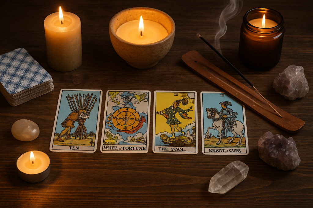 Tarot cards and candles arranged beautifully on a table for a calm reading session.