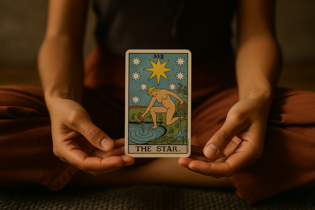 Hands holding The Star tarot card during a peaceful meditation session.