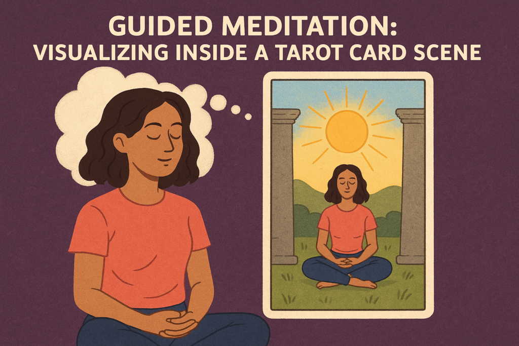 Person visualizing themselves inside a tarot card during deep meditation.
