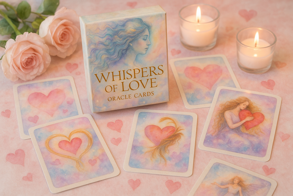 Whispers of Love Oracle deck with romantic watercolor art focusing on emotional connection.
