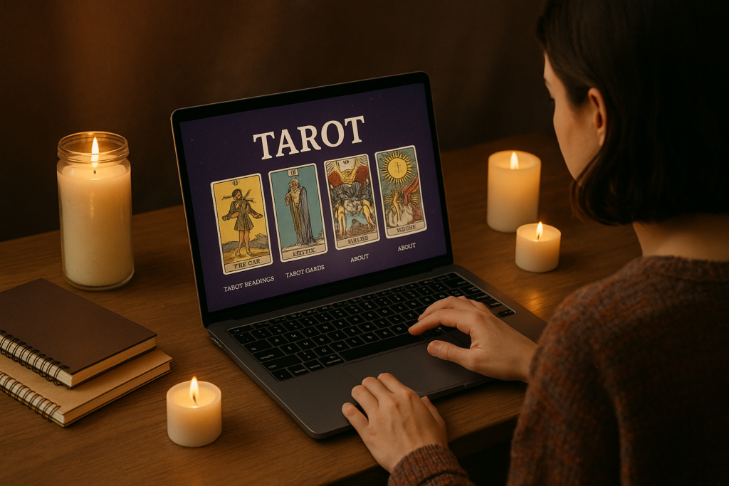 Woman exploring tarot websites on laptop surrounded by candles representing online tarot learning.