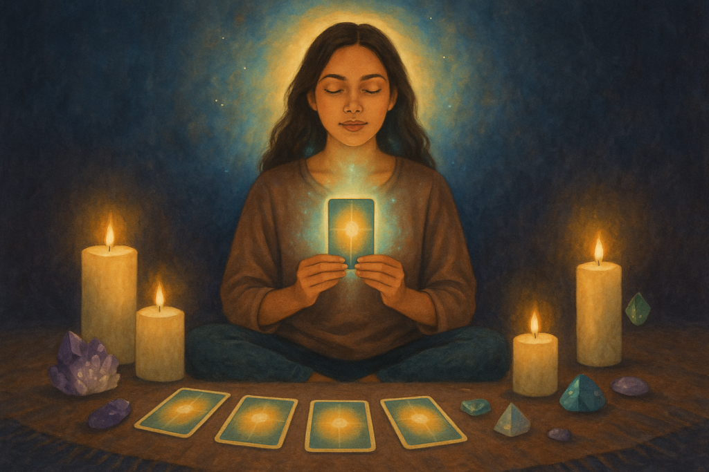 Woman meditating with oracle cards and candles, representing spiritual connection and divine guidance.