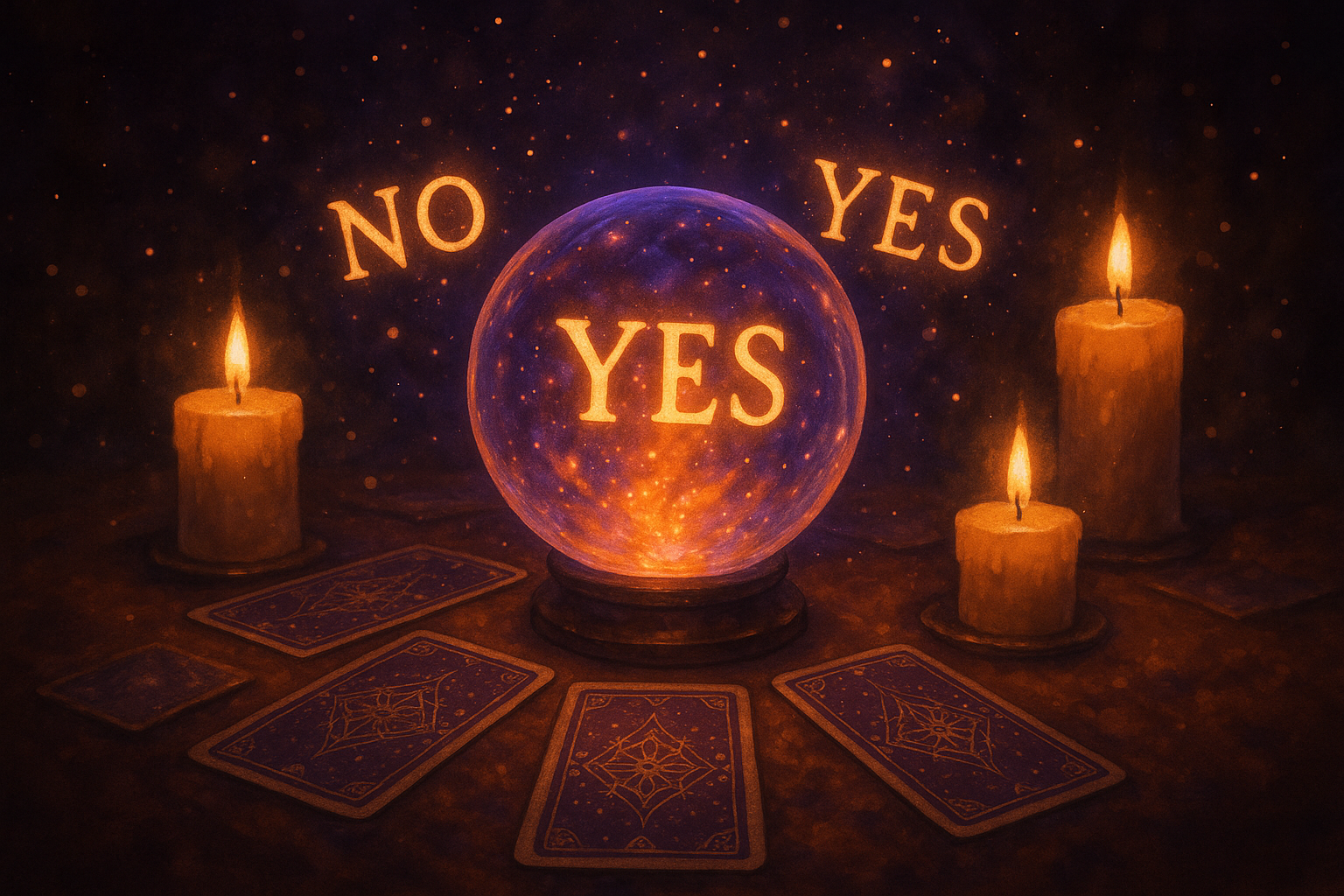 Crystal ball glowing with yes and no words surrounded by candles and tarot cards.